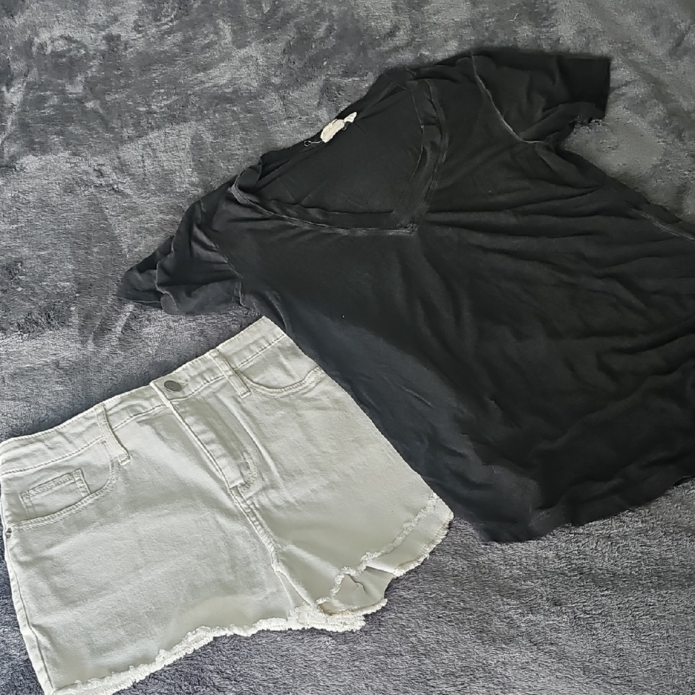 Black V-Neck Tee with Light Denim Cutoff Shorts